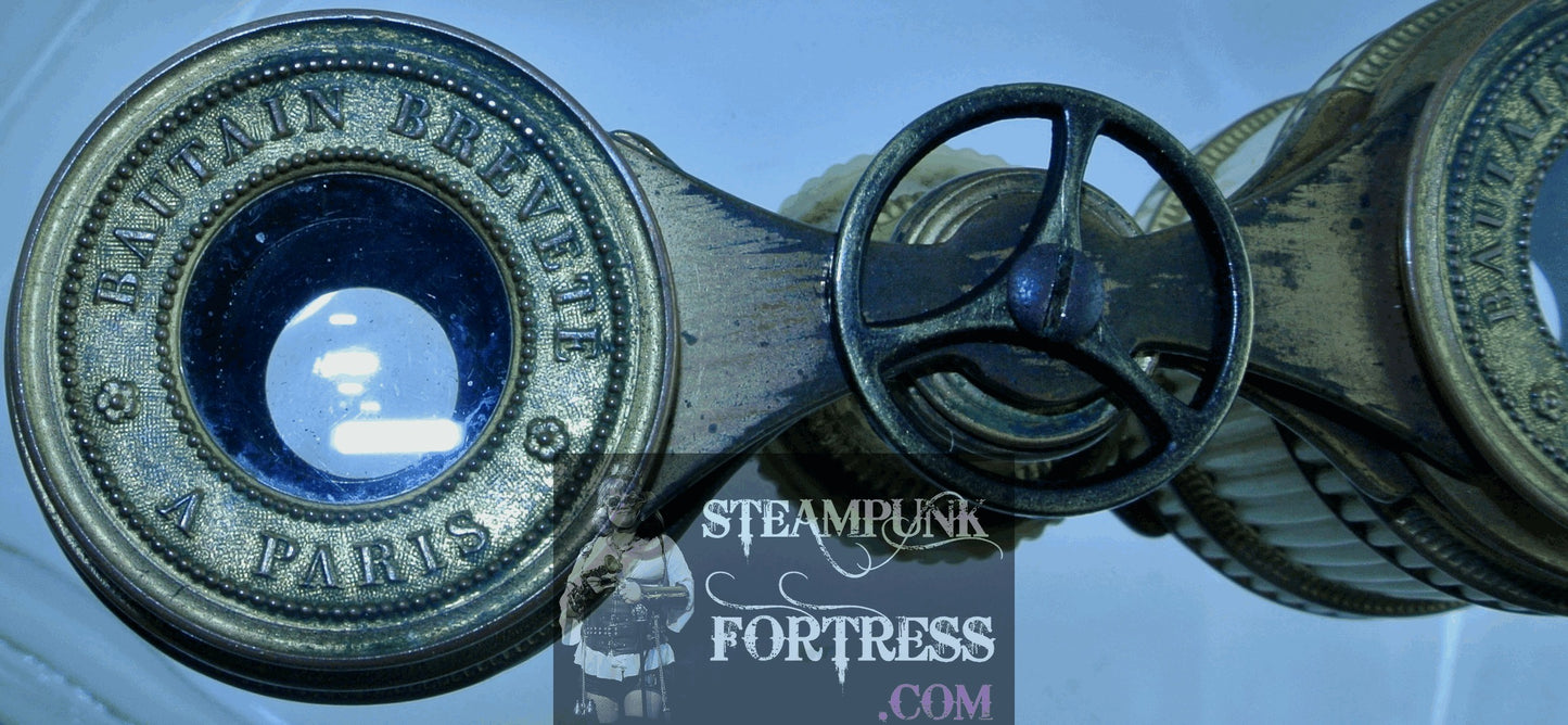 ****ULTRA RARE**** VINTAGE CIRCA 1850S BAUTAIN BREVETE PARIS BRASS WARTHOG IVORY HANDLE BRASS WATCH CLOCK GEAR BINOCULARS OPERA GLASSES WITH CASE STARR WILDE STEAMPUNK FORTRESS