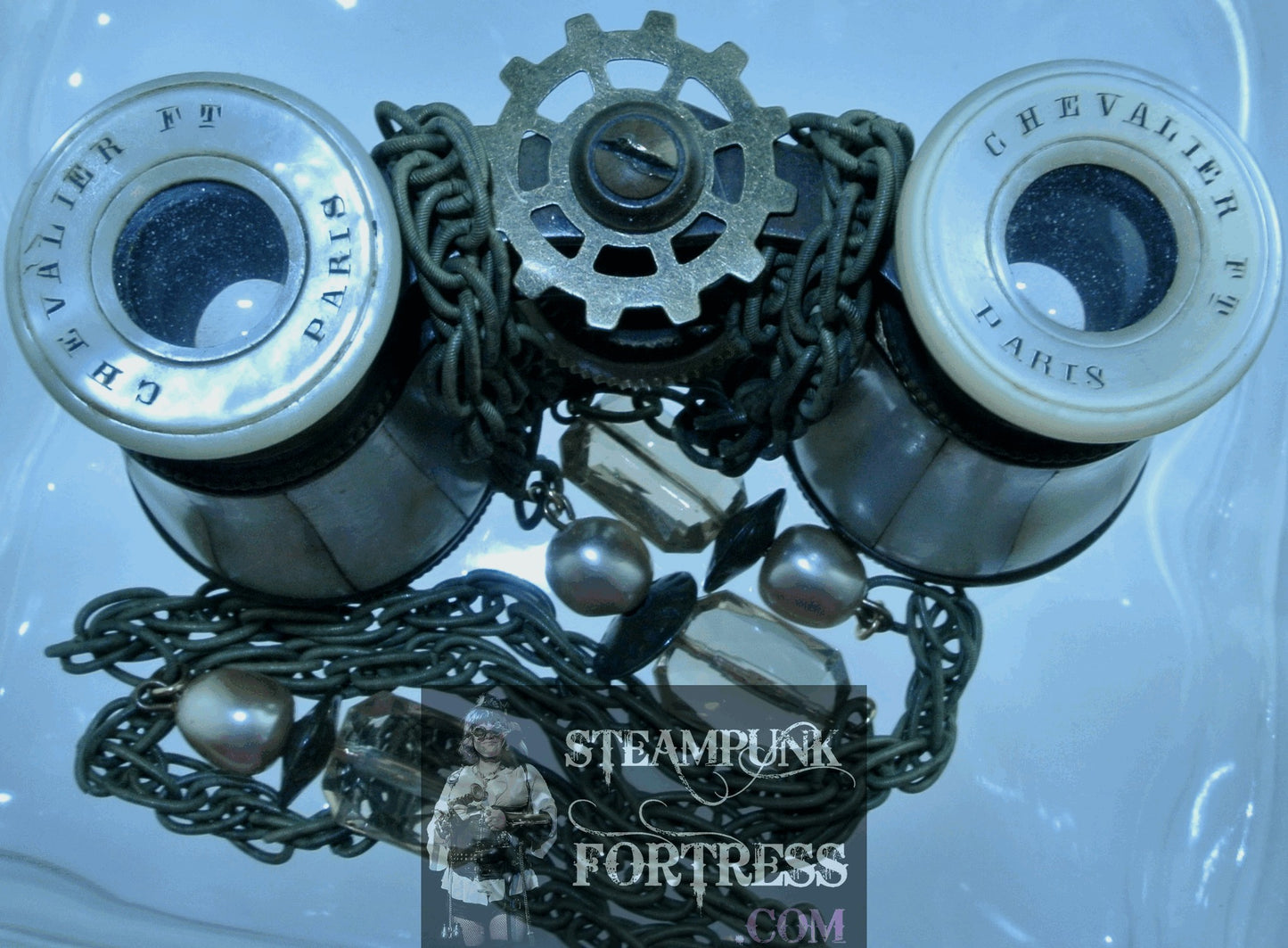 VINTAGE ABALONE MOTHER OF PEARL MOP CHEVALIER BRASS WATCH CLOCK GEAR DOUBLE CHAIN PEARLS CRYSTALS CLASP BINOCULARS OPERA GLASSES CIRCA 1850S STARR WILDE STEAMPUNK FORTRESS