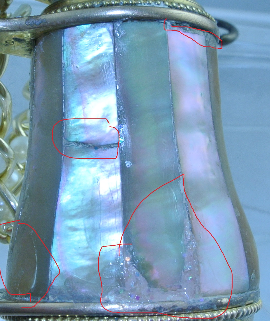 VINTAGE MOTHER OF PEARL MOP ABALONE LEMAIRE DOUBLE WALLED BINOCULARS BRASS SPOKE WATCH CLOCK GEAR GOLD PEARL CHAIN CLASP OPERA GLASSES STARR WILDE STEAMPUNK FORTRESS