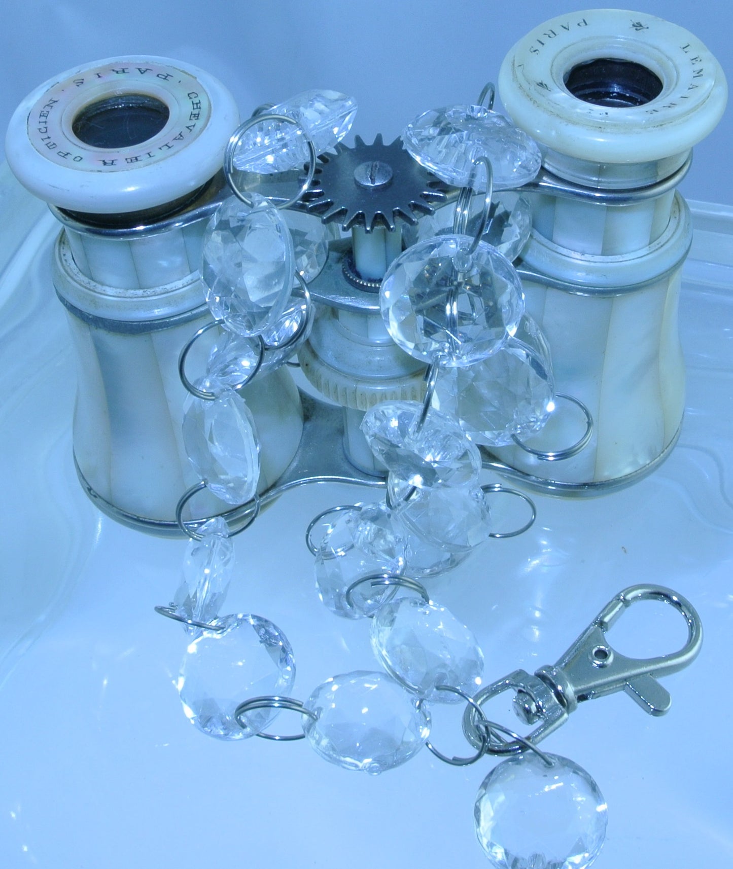 VINTAGE ABALONE LEMAIRE MOTHER OF PEARL MOP DOUBLE SILVER WATCH CLOCK GEAR CRYSTAL CHAIN BINOCULARS OPERA GLASSES STARR WILDE STEAMPUNK FORTRESS