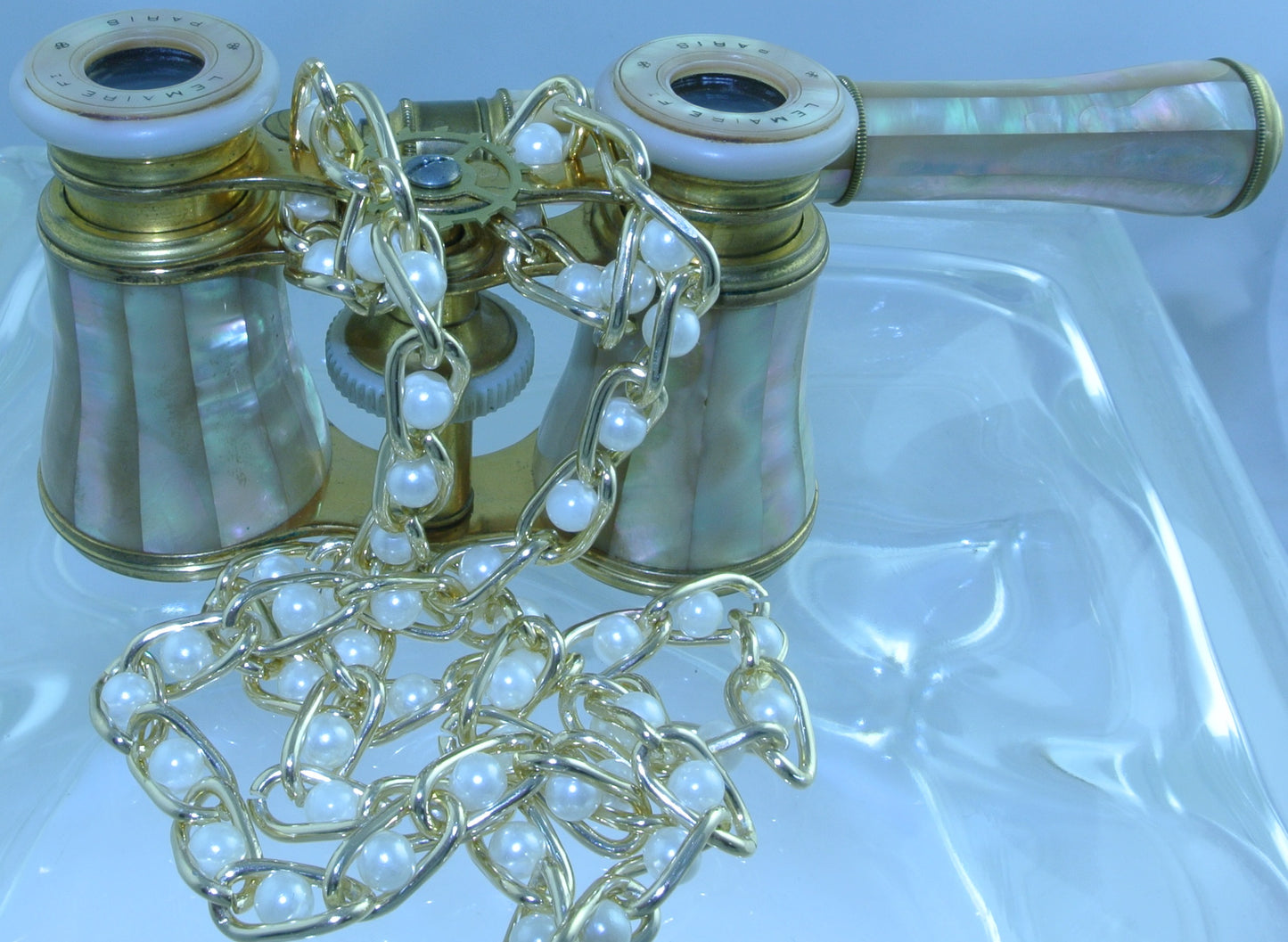 VINTAGE ABALONE IRIDESCENT LEMAIRE MOTHER OF PEARL MOP GOLD TRIM GOLD GENUINE WATCH CLOCK GEAR EXTENDING HANDLE BINOCULARS OPERA GLASSES STARR WILDE STEAMPUNK FORTRESS