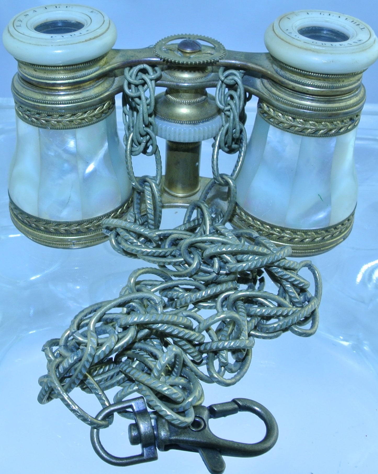 VINTAGE ABALONE LEMAIRE MOTHER OF PEARL MOP BRASS LEAVES BRASS WATCH CLOCK GEAR DOUBLE CHAIN CLASP BINOCULARS OPERA GLASSES STARR WILDE STEAMPUNK FORTRESS