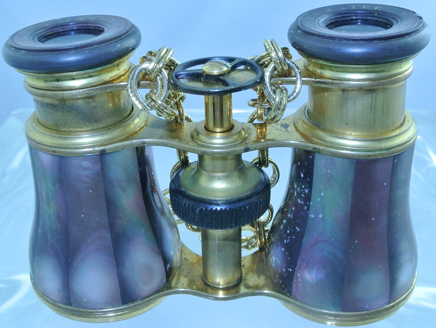 *RARE* VINTAGE ABALONE LEMAIRE PURPLE MOTHER OF PEARL MOP BRASS 3 ARM WATCH CLOCK GEAR GOLD HAMMERED CHAIN CLASP BINOCULARS OPERA GLASSES STARR WILDE STEAMPUNK FORTRESS