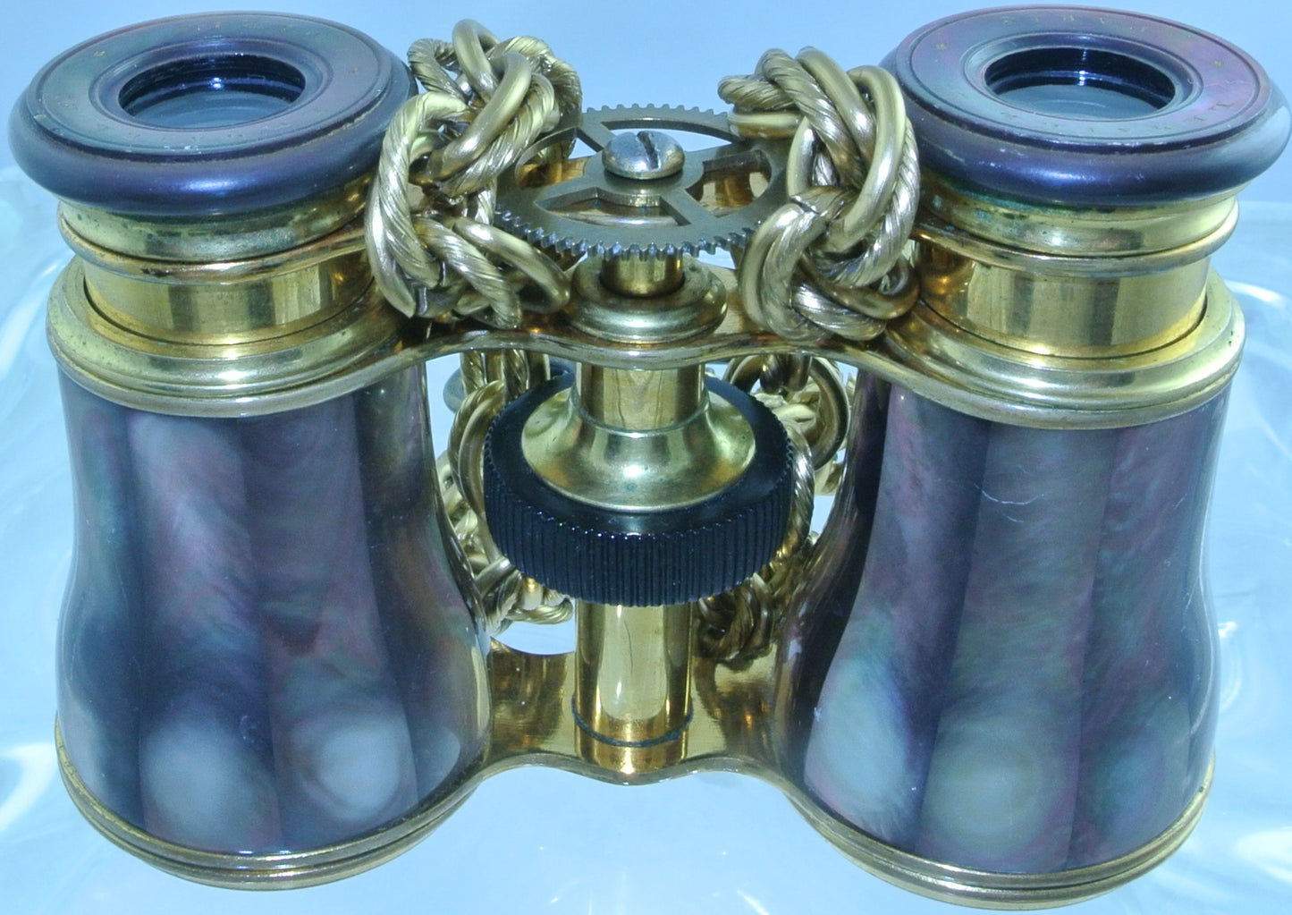 *RARE* VINTAGE ABALONE LEMAIRE PURPLE MOTHER OF PEARL MOP BRASS GENUINE 4 ARM WATCH CLOCK GEAR GOLD HAMMERED DOUBLE CHAIN CLASP BINOCULARS OPERA GLASSES STARR WILDE STEAMPUNK FORTRESS