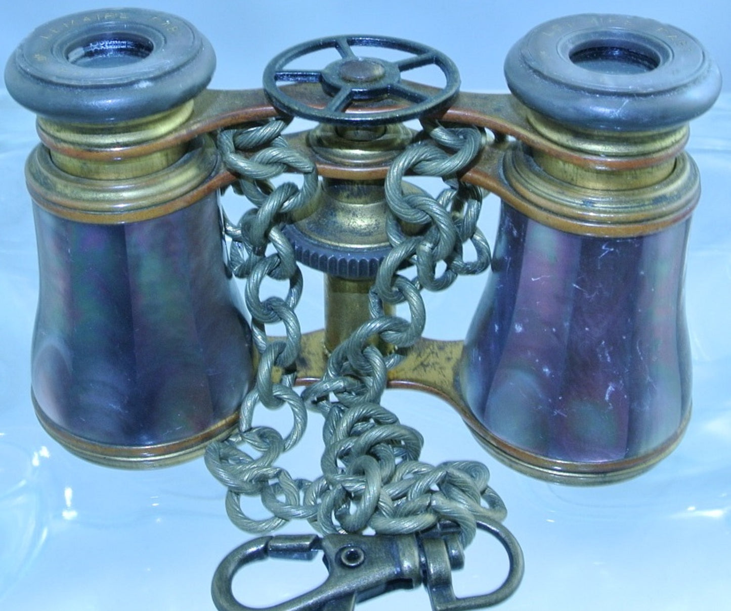 *RARE* VINTAGE ABALONE LEMAIRE PURPLE MOTHER OF PEARL MOP BRASS 5 ARM WATCH CLOCK GEAR BRASS CHAIN CLASP BINOCULARS OPERA GLASSES STARR WILDE STEAMPUNK FORTRESS