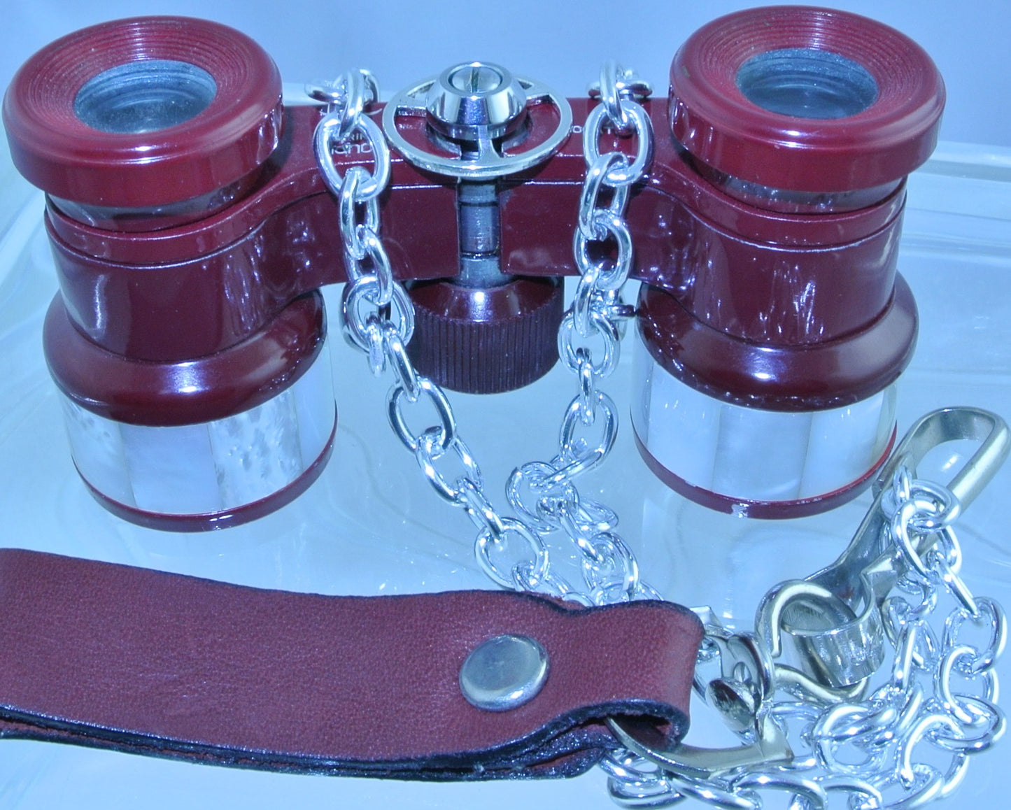 VINTAGE RED ABALONE MOTHER OF PEARL MOP SMALL SILVER WATCH CLOCK GEAR CHAIN RED STRAP BINOCULARS OPERA GLASSES STARR WILDE STEAMPUNK FORTRESS