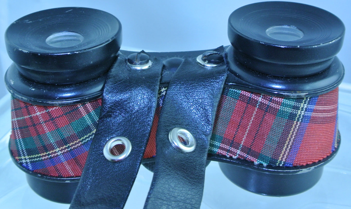 VINTAGE RED PLAID TARTAN BLACK WINGS BLACK EYELET STRAP BINOCULARS OPERA GLASSES STARR WILDE STEAMPUNK FORTRESS