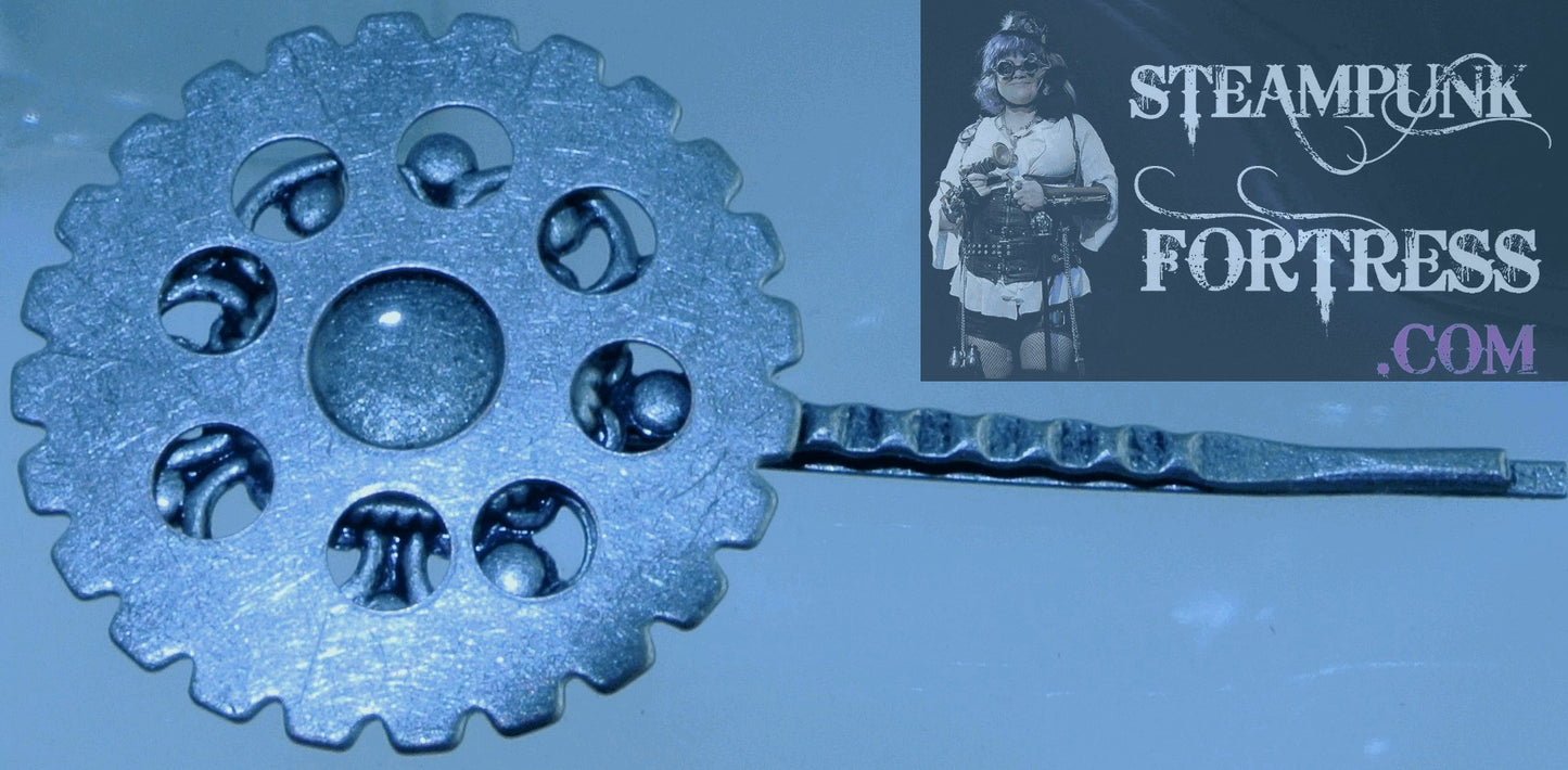 BOBBY PIN SILVER GEAR ROUND WATCH CLOCK STARR WILDE STEAMPUNK FORTRESS
