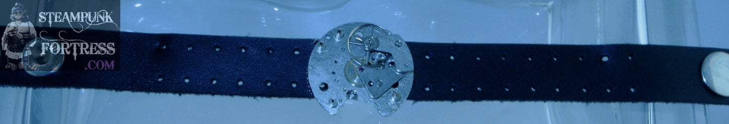 BLACK FAUX LEATHER SILVER AUTHENTIC GENUINE WATCH CLOCK MOVEMENT BAND BRACELET STARR WILDE STEAMPUNK FORTRESS