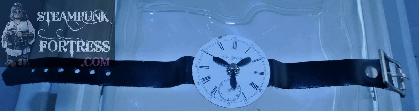 BLACK FAUX LEATHER PORCELAIN WATCH CLOCK DIAL FACE BLACK KINETIC SPINS SPINNING PROPELLER BAND BRACELET STARR WILDE STEAMPUNK FORTRESS