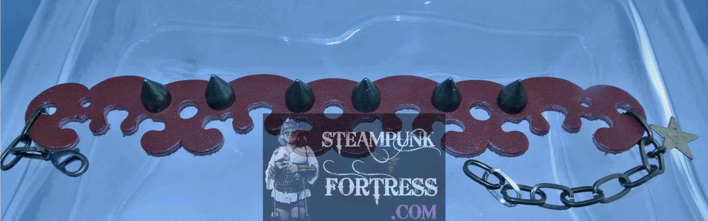 BROWN FAUX LEATHER CUTOUT BRASS SPIKES STUDS BRACELET STARR WILDE STEAMPUNK FORTRESS