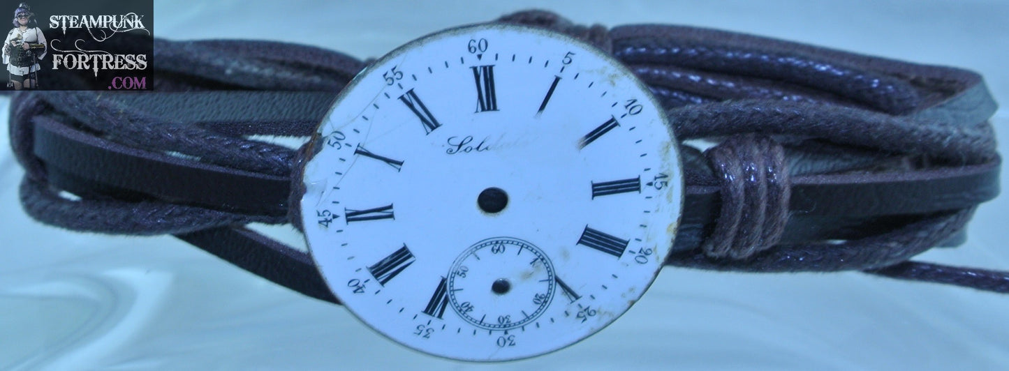 BROWN FAUX LEATHER CRISS CROSS STRAPS BRACELET SILVER AUTHENTIC WATCH CLOCK SOLDALE PORCELAIN DIAL FACE SLIDER STARR WILDE STEAMPUNK FORTRESS