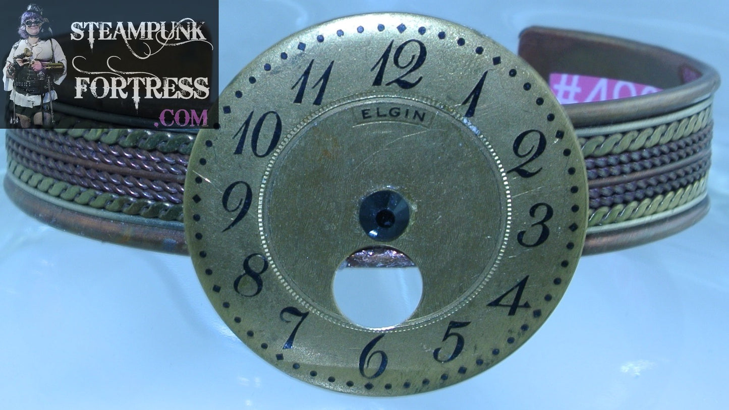 BRASS CUFF COPPER GOLD ELGIN WATCH CLOCK FACE GOLD DIAL BLACK SWAROVSKI CRYSTAL BRACELET STARR WILDE STEAMPUNK FORTRESS