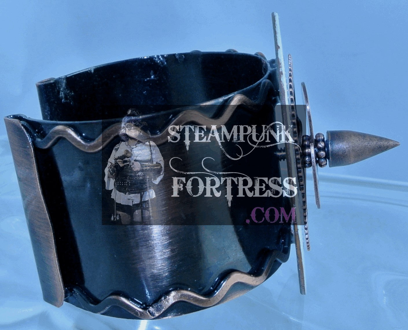 COPPER CUFF FACE PORCELAIN WATCH CLOCK TH COOPER LONDON DIAL COPPER GEAR PROPELLER KINETIC SPINS SPINNING STUD BRACELET STARR WILDE STEAMPUNK FORTRESS