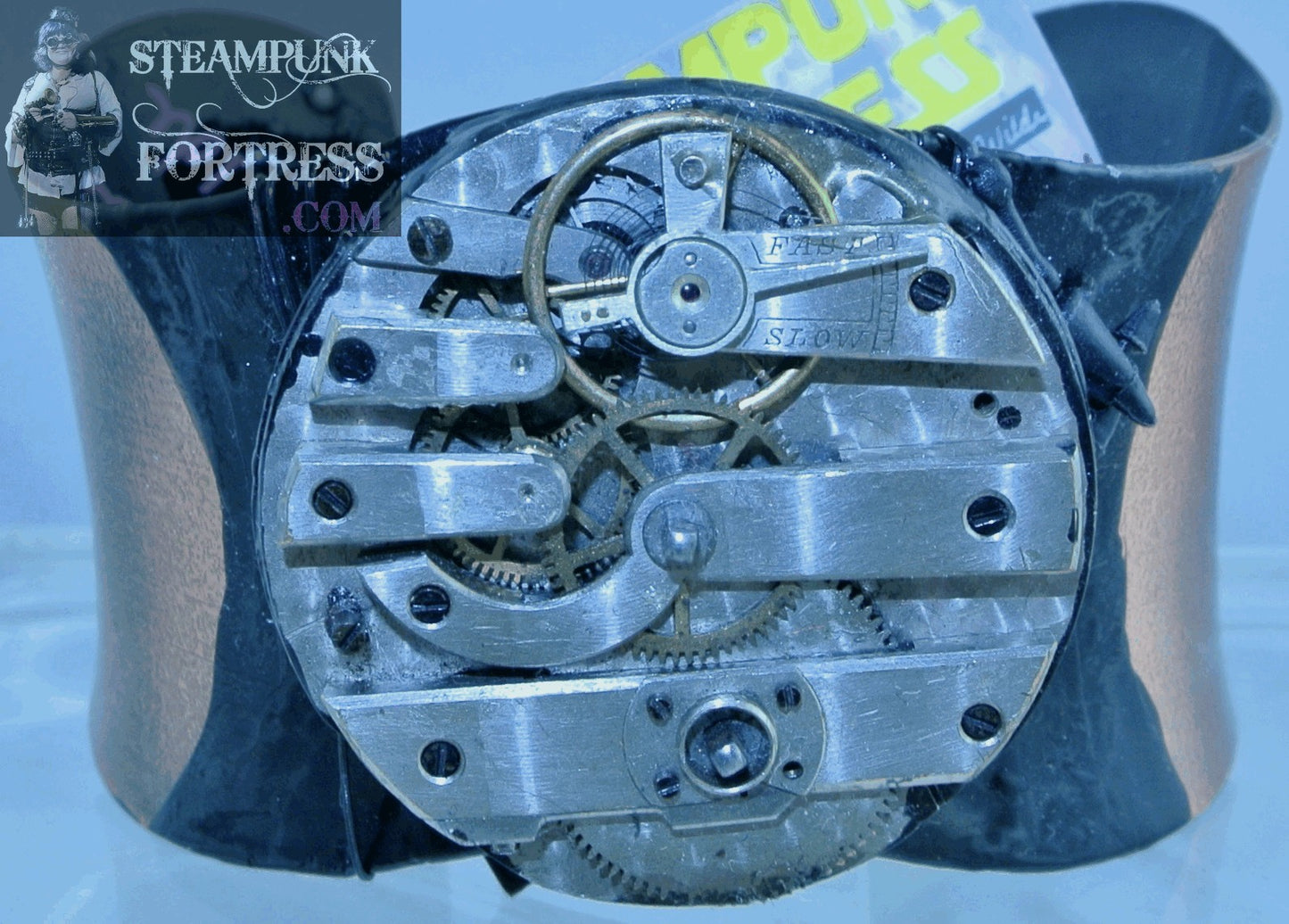 COPPER CUFF MOVEMENT COMPLETE WATCH CLOCK BLACK STRIPE BRACELET STARR WILDE STEAMPUNK FORTRESS