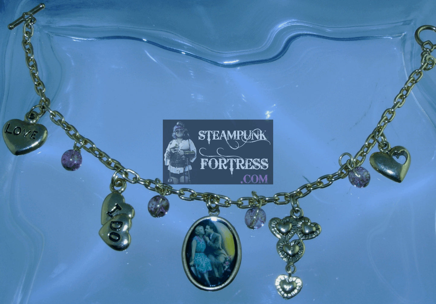 GOLD VINTAGE LADIES COUPLE IN HALF MOON 13X18 4 WEDDING THEME CHARMS BRACELET STARR WILDE STEAMPUNK FORTRESS