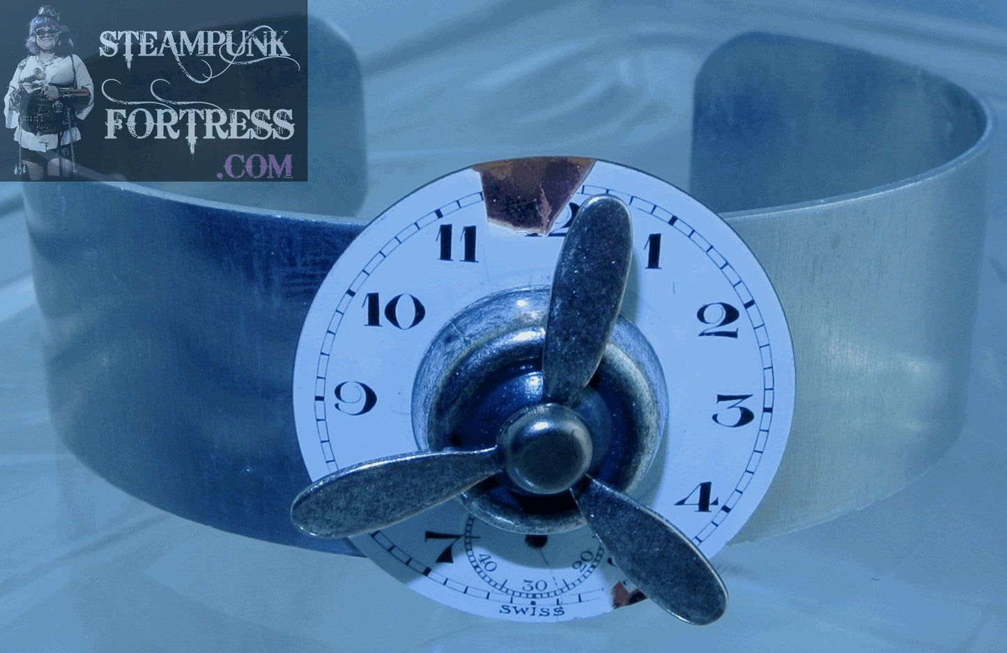 SILVER CUFF PORCELAIN WATCH CLOCK FACE DIAL SILVER PROPELLER KINETIC SPINS SPINNING BRACELET STARR WILDE STEAMPUNK FORTRESS