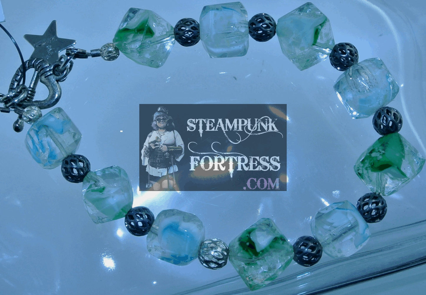 GLOW IN THE DARK GREEN CLEAR BEADS SILVER FILIGREE BRACELET STARR WILDE STEAMPUNK FORTRESS