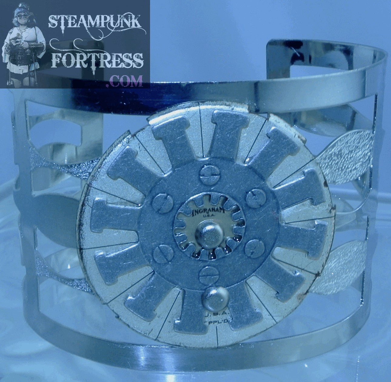 SILVER CUFF INGRAHAM WATCH CLOCK FACE DIAL SILVER LARGE SPOKE GEAR TEXTURED BRACELET STARR WILDE STEAMPUNK FORTRESS