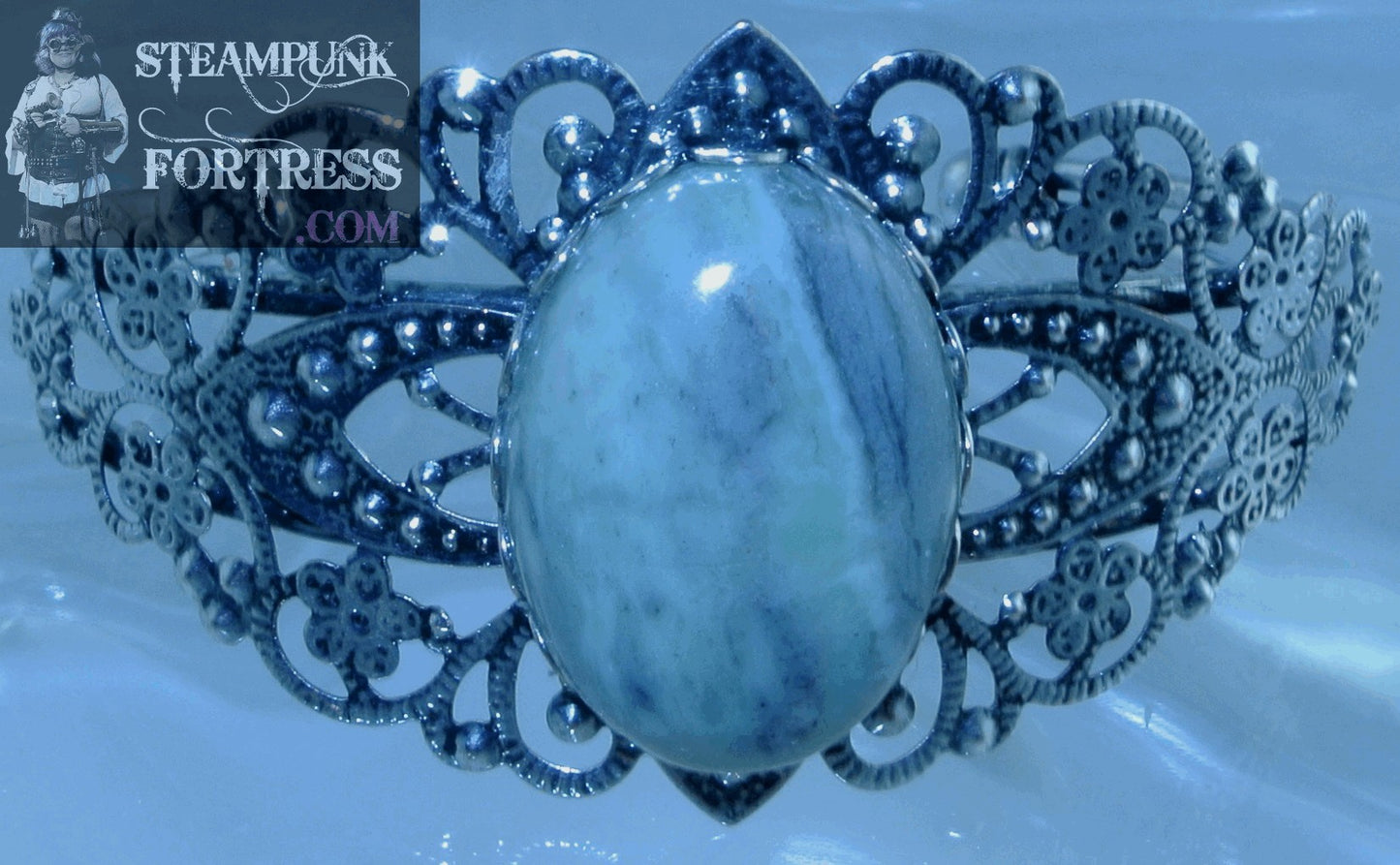 SILVER CUFF FILIGREE GREEN PRASE JASPER GEMSTONE BRACELET STARR WILDE STEAMPUNK FORTRESS