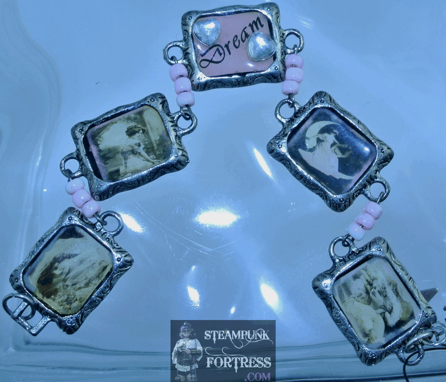SILVER VINTAGE LADIES DREAMS PINK FRAMES PINK BEADS BRACELET STARR WILDE STEAMPUNK FORTRESS