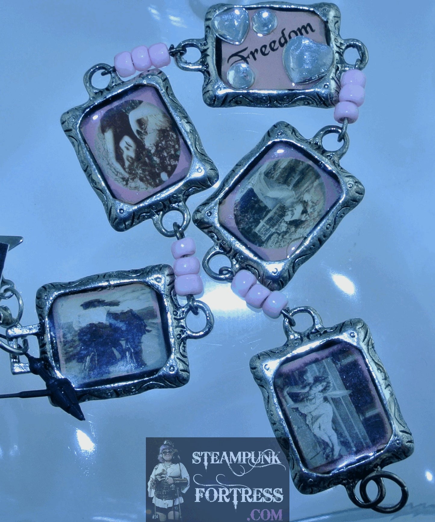 SILVER VINTAGE LADIES FREEDOM PINK FRAMES PINK BEADS BRACELET STARR WILDE STEAMPUNK FORTRESS