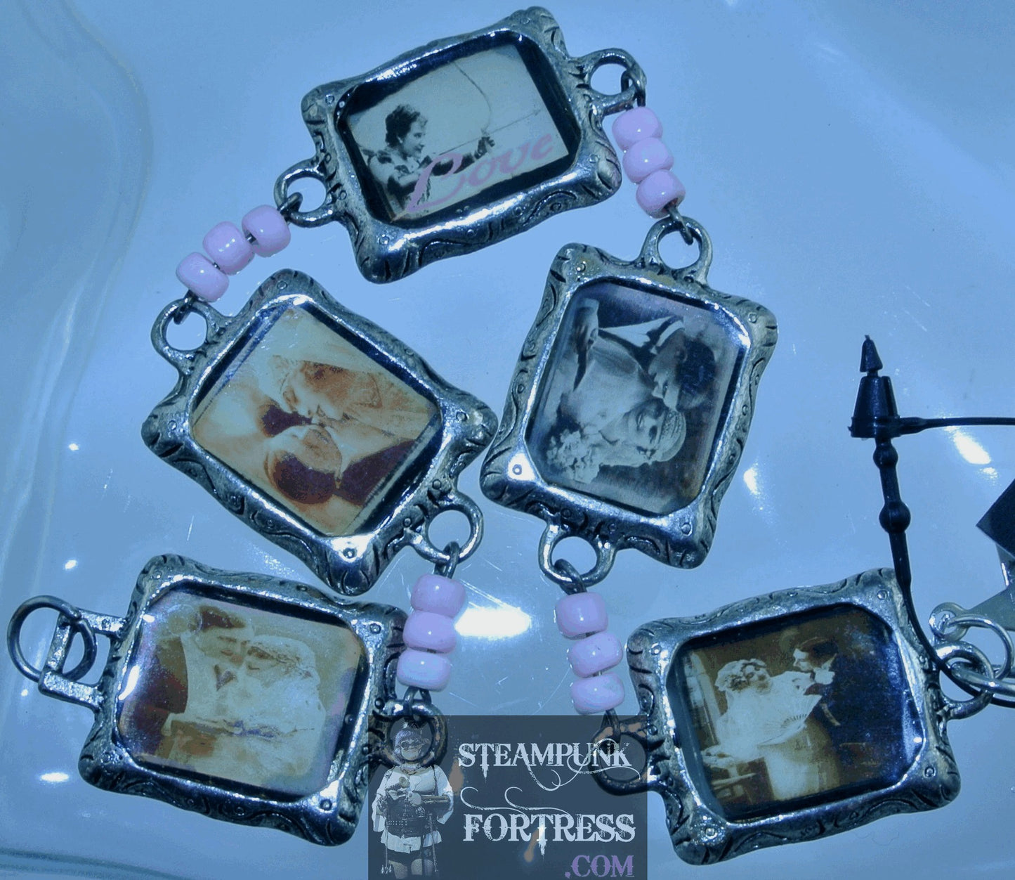 SILVER VINTAGE LADIES LOVE PINK FRAMES PINK BEADS BRACELET STARR WILDE STEAMPUNK FORTRESS