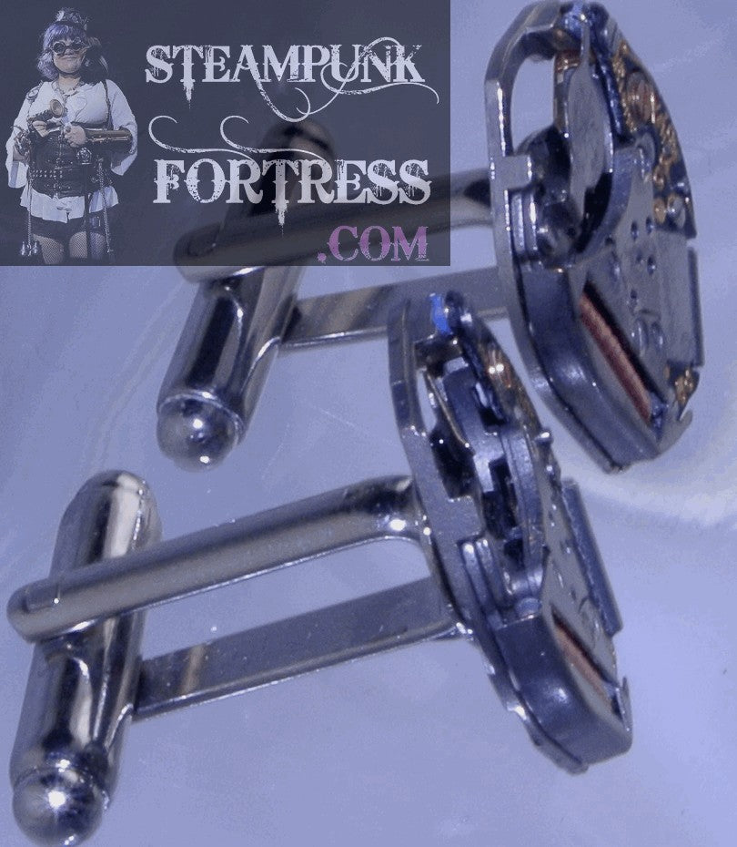 CUFFLINKS SILVER WATCH CLOCK COMPLETE MOVEMENTS NEWER 1 JEWEL CUFF LINKS STARR WILDE STEAMPUNK FORTRESS