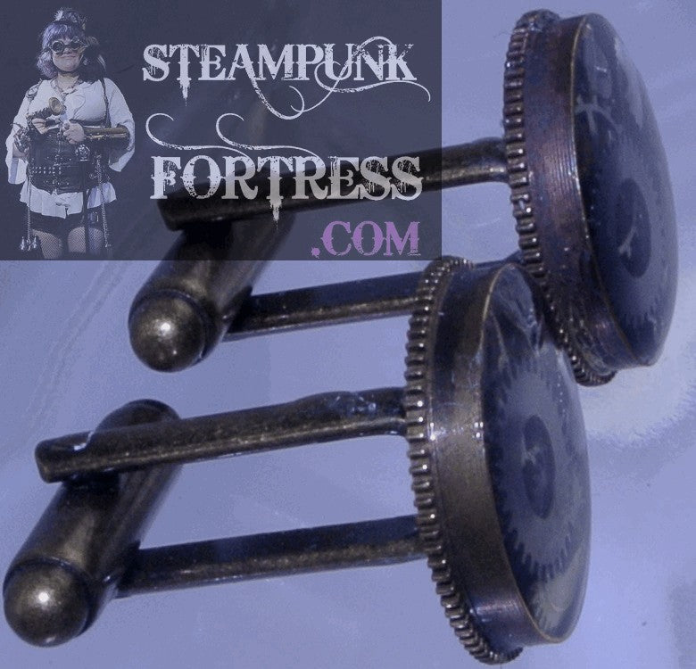 CUFFLINKS BRASS .66" GENUINE CLOCK WATCH CASES SILVER GEARS CUFF LINKS STARR WILDE STEAMPUNK FORTRESS