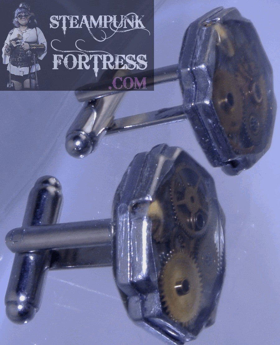 CUFFLINKS SILVER 10 SIDED GENUINE AUTHENTIC SILVER GOLD WATCH CLOCK GEARS CASE CUFF LINKS STARR WILDE STEAMPUNK FORTRESS
