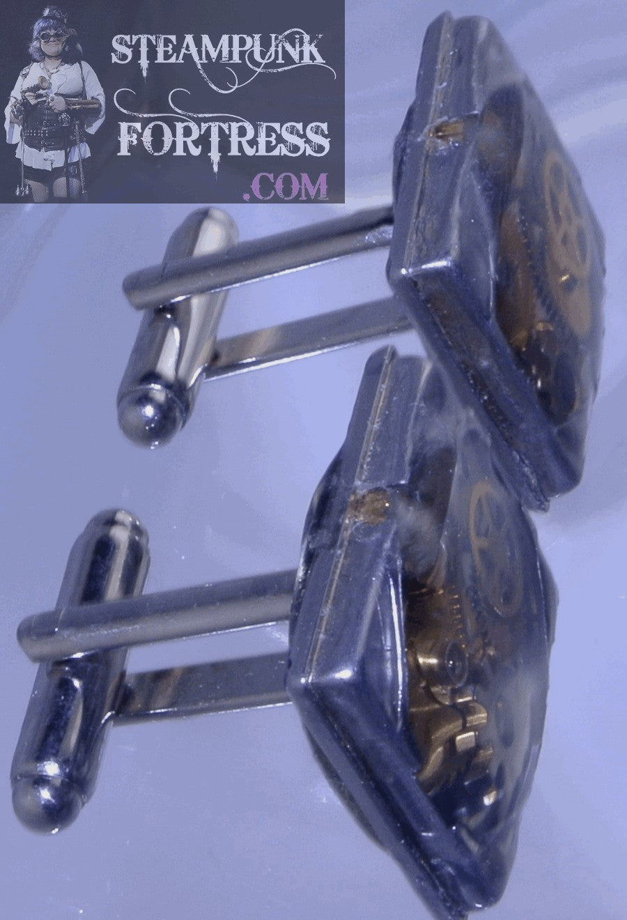 CUFFLINKS SILVER RECTANGLE SQUARISH AUTHENTIC GENUINE CLOCK WATCH CASE GOLD GEARS CUFF LINKS STARR WILDE STEAMPUNK FORTRESS