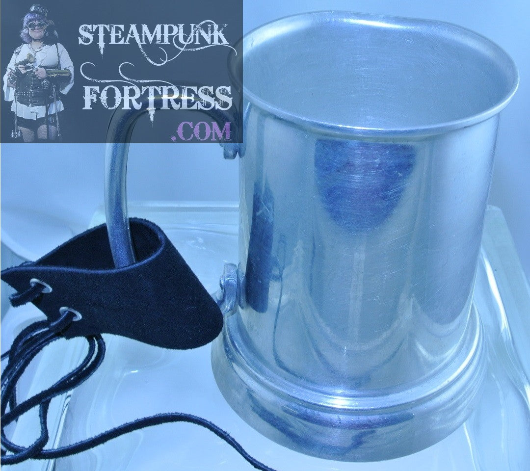 CUP SILVER CLEAR BOTTOM MUG BLACK SUEDE LEATHER STRAP STEIN STARR WILDE STEAMPUNK FORTRESS COSPLAY COSTUME