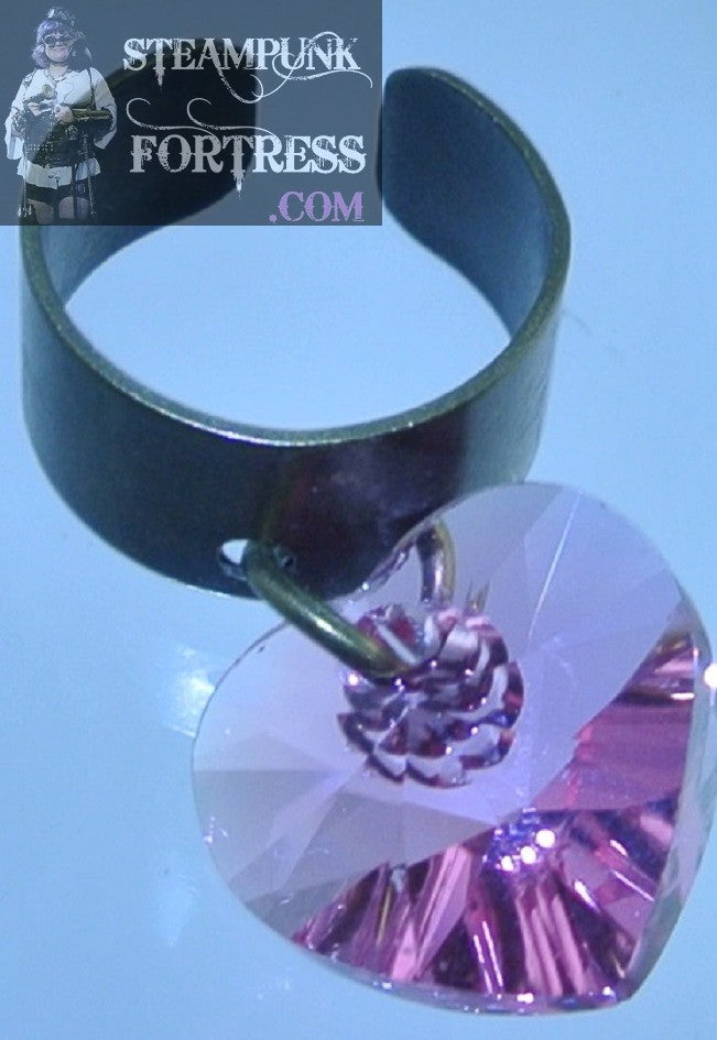 CUFF BRASS HEART ROSE PINK SWAROVSKI CRYSTAL EAR CUFF NON PIERCED NON PIERCING STARR WILDE STEAMPUNK FORTRESS
