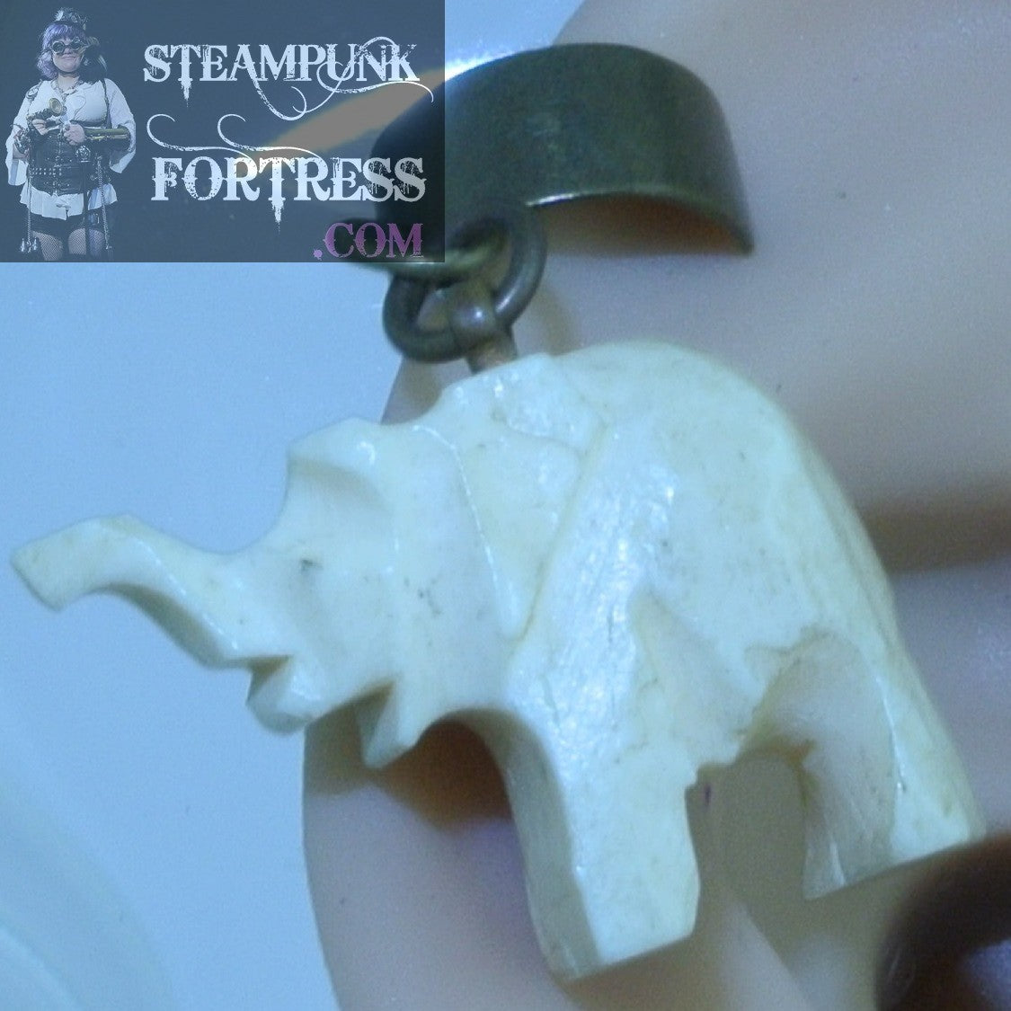 CUFF BRASS ELEPHANT IVORY EAR CUFF CARVED BONE NON PIERCED NON PIERCING STARR WILDE STEAMPUNK FORTRESS
