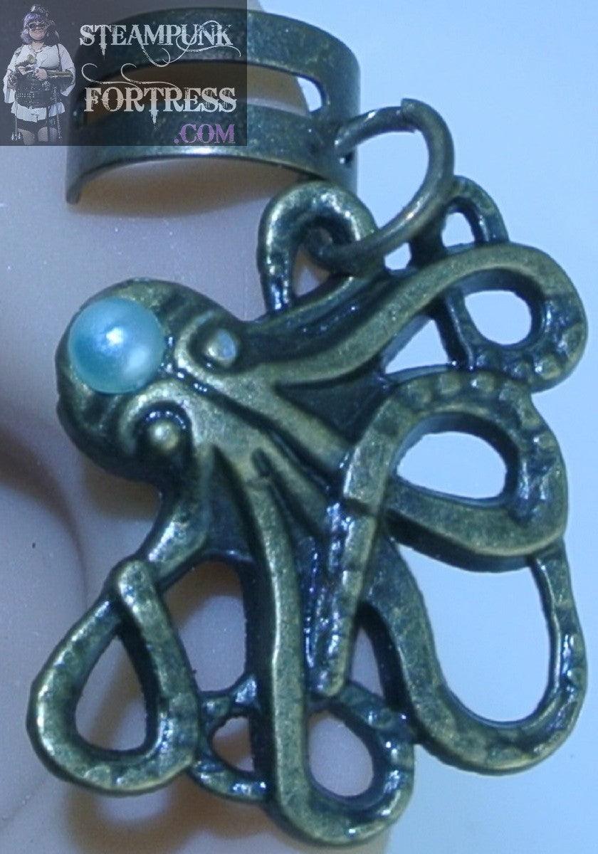 CUFF BRASS SPLIT OCTOPUS MEDIUM BLUE PEARL EAR CUFF ARIEL UNDER THE SEA COSPLAY COSTUME HALLOWEEN NON PIERCED NON PIERCING STARR WILDE STEAMPUNK FORTRESS