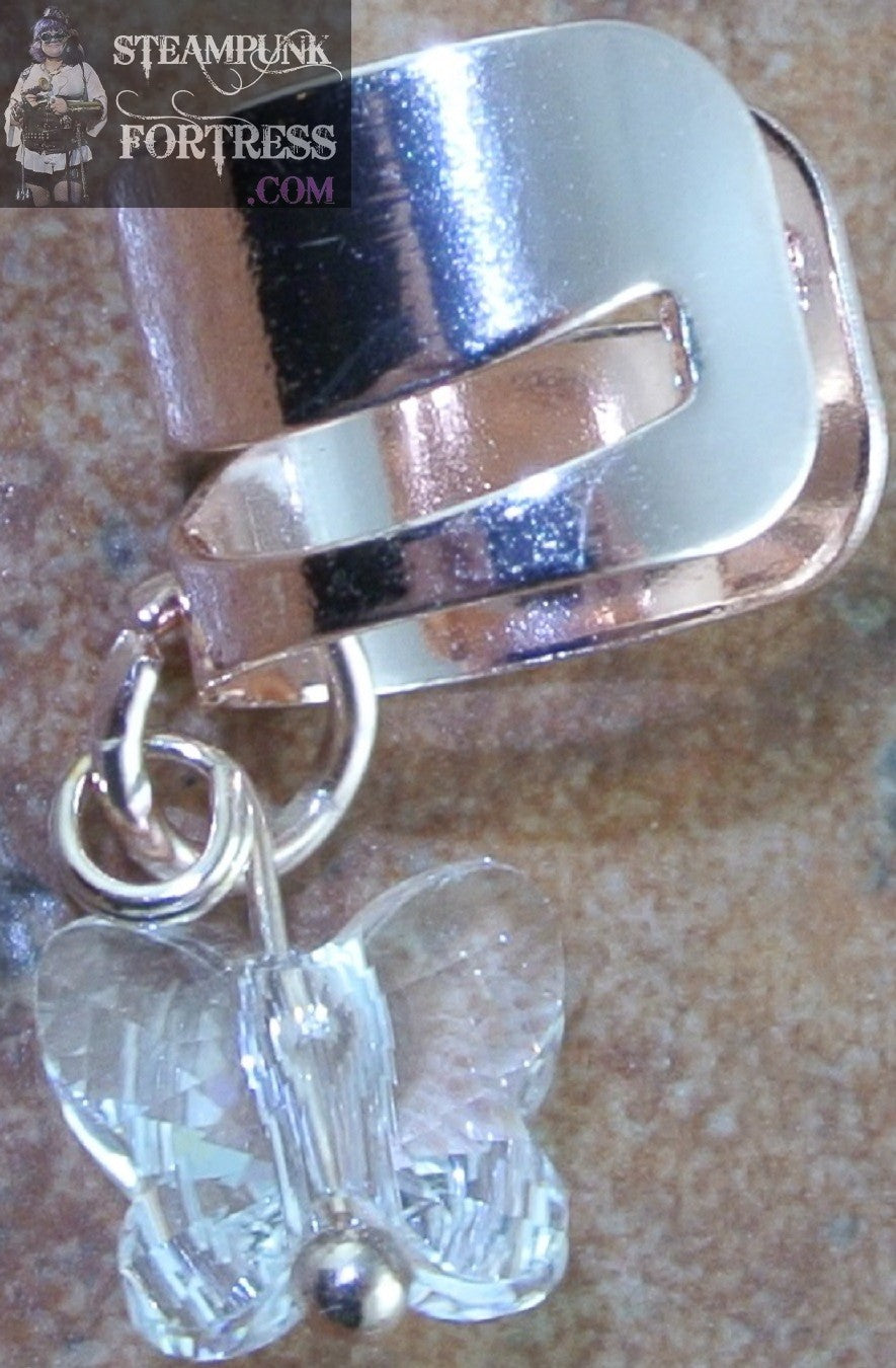 CUFF COPPER BRIGHT SPLIT BUTTERFLY CLEAR 8MM SWAROVSKI CRYSTAL EAR CUFF NON PIERCED NON PIERCING STARR WILDE STEAMPUNK FORTRESS