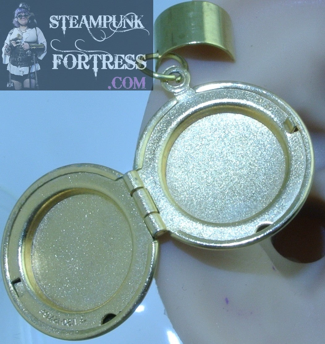 CUFF GOLD LOCKET ROUND FLOWERS VINTAGE SIGNED EAR CUFF ETCHED ENAMEL NON PIERCED NON PIERCING STARR WILDE STEAMPUNK FORTRESS