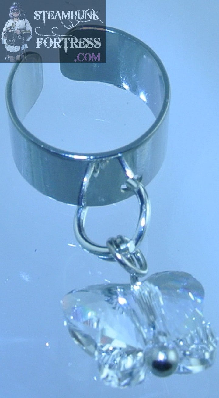 CUFF SILVER BUTTERFLY CLEAR 8MM SWAROVSKI CRYSTALS EAR CUFF NON PIERCED NON PIERCING STARR WILDE STEAMPUNK FORTRESS