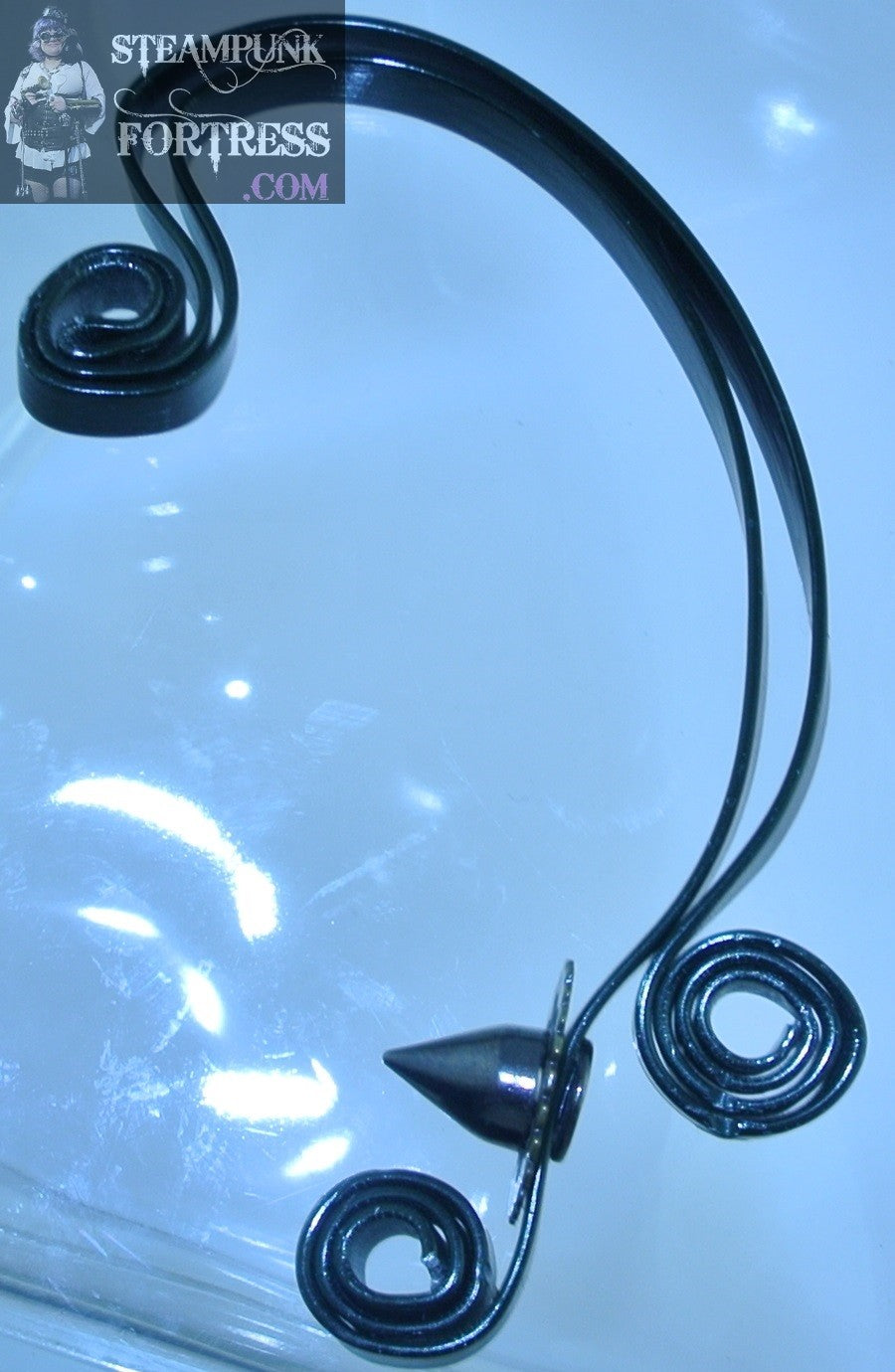 HANGER BLACK DOUBLE TOP SWIRL BOTTOM DOUBLE SWIRL BRASS GEAR WATCH CLOCK GUNMETAL SPIKE EAR HANGER NON PINCH NON PIERCING NON PIERCED NO PAIN STARR WILDE STEAMPUNK FORTRESS