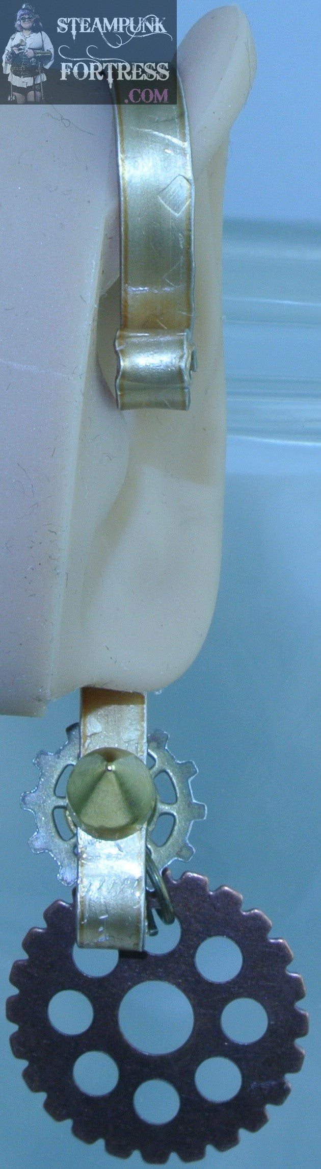 HANGER BRASS GOLD BRASS COPPER GEARS WATCH CLOCK GOLD SPIKE STUD EAR HANGER NO PAIN NO PINCH NON PIERCED NON PIERCING STARR WILDE STEAMPUNK FORTRESS