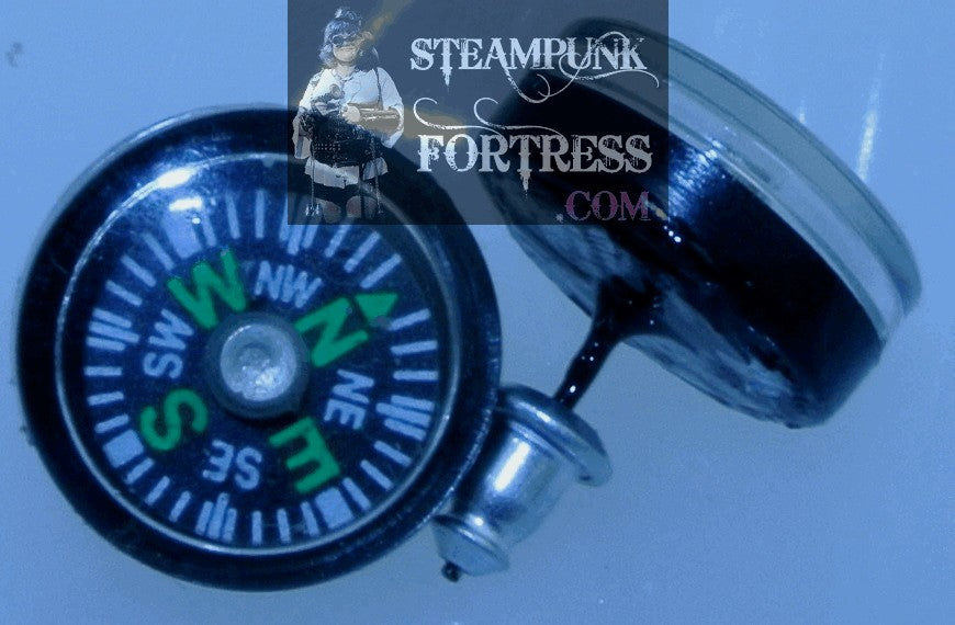 BLACK COMPASS SMALL STUDS PIERCED EARRINGS STARR WILDE STEAMPUNK FORTRESS