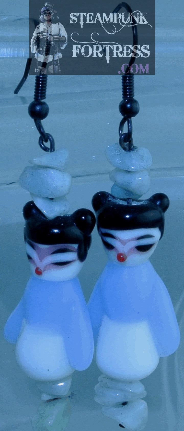 BLACK ORIENTAL LADY BLUE WHITE LAMPWORK GLASS BLUE LACE AGATE GEMSTONES PIERCED EARRINGS STARR WILDE STEAMPUNK FORTRESS