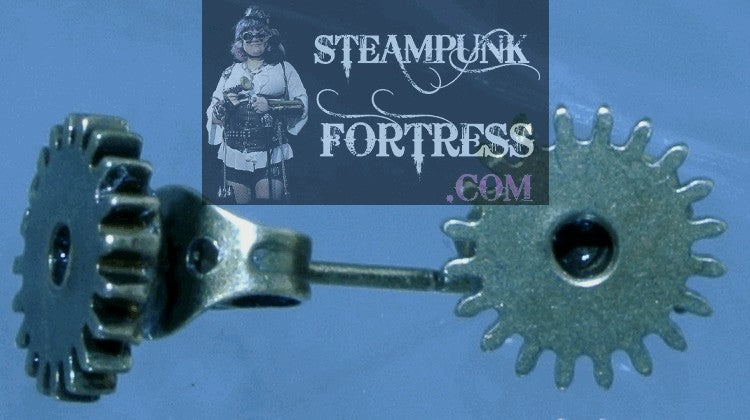 BRASS 8MM SMALL GEARS ROUND CENTER WATCH CLOCK REAL AUTHENTIC GEARS STUDS PIERCED EARRINGS STUDS STARR WILDE STEAMPUNK FORTRESS