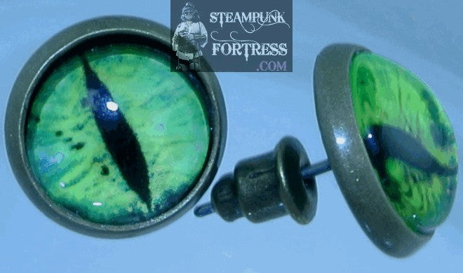 BRASS STUDS GREEN DRAGON CAT EYES PIERCED EARRINGS STARR WILDE STEAMPUNK FORTRESS