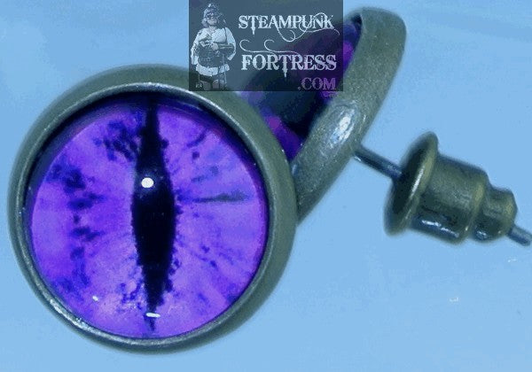 BRASS STUDS HOT PINK PURPLE FUSCHIA DRAGON CAT EYES PIERCED EARRINGS STARR WILDE STEAMPUNK FORTRESS