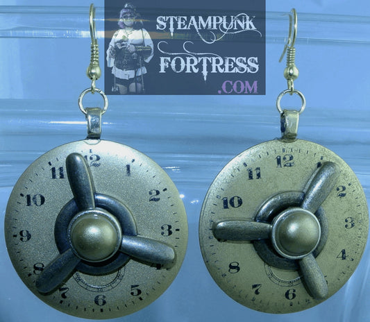 BRASS ELGIN FACE DIAL AUTHENTIC GENUINE WATCH CLOCK BRASS PROPELLERS KINETIC SPINNING SPINS PEARLS STUDS PIERCED EARRINGS STARR WILDE STEAMPUNK FORTRESS 