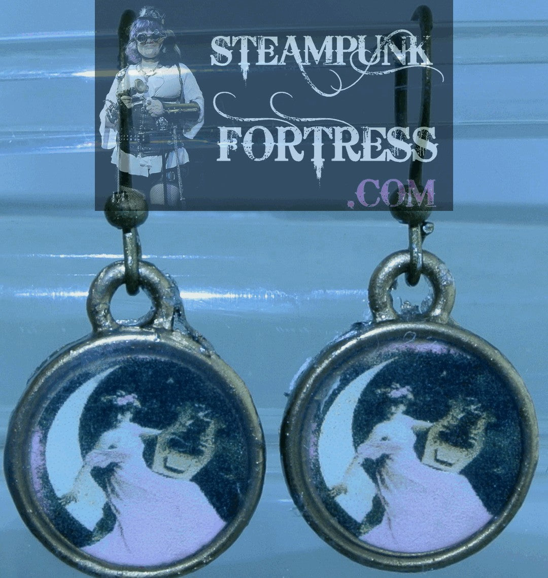 BRASS ROUND VINTAGE LADIES LADY IN MOON PINK DRESS LYRE PIERCED EARRINGS STARR WILDE STEAMPUNK FORTRESS