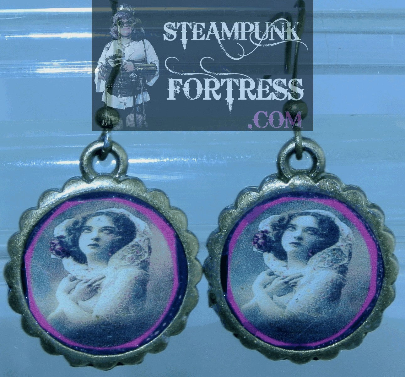 BRASS SCALLOPED VINTAGE LADIES BRUNETTE LADY LACE SHROUD MANTILLA PIERCED EARRINGS STARR WILDE STEAMPUNK FORTRESS