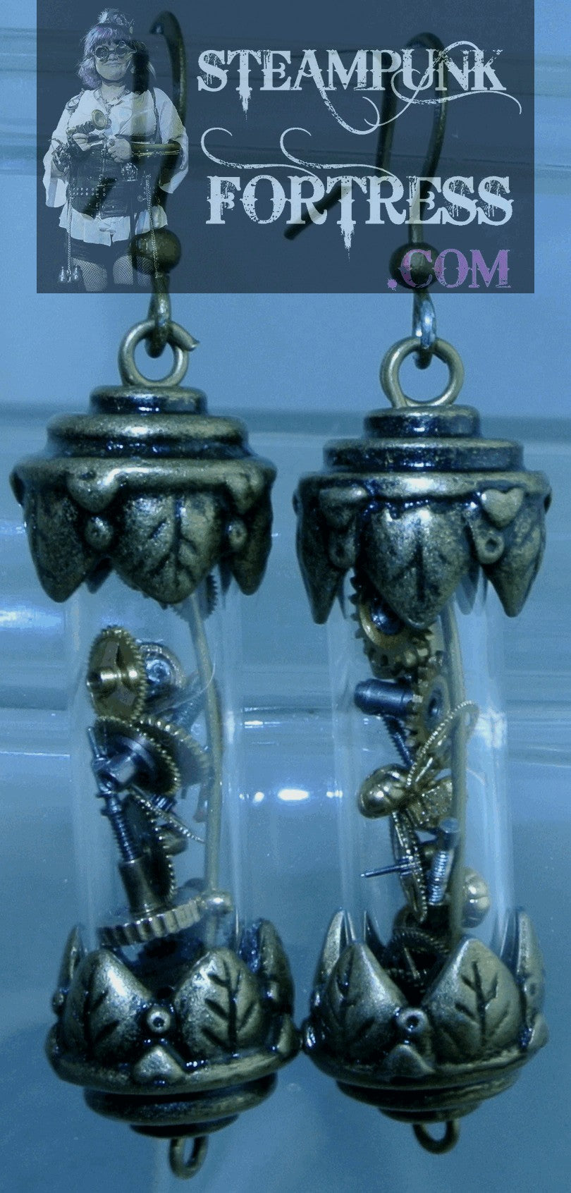 BRASS VIAL SCROLL GOLD GEARS WATCH CLOCK PIERCED EARRINGS SET AVAILABLE STARR WILDE STEAMPUNK FORTRESS