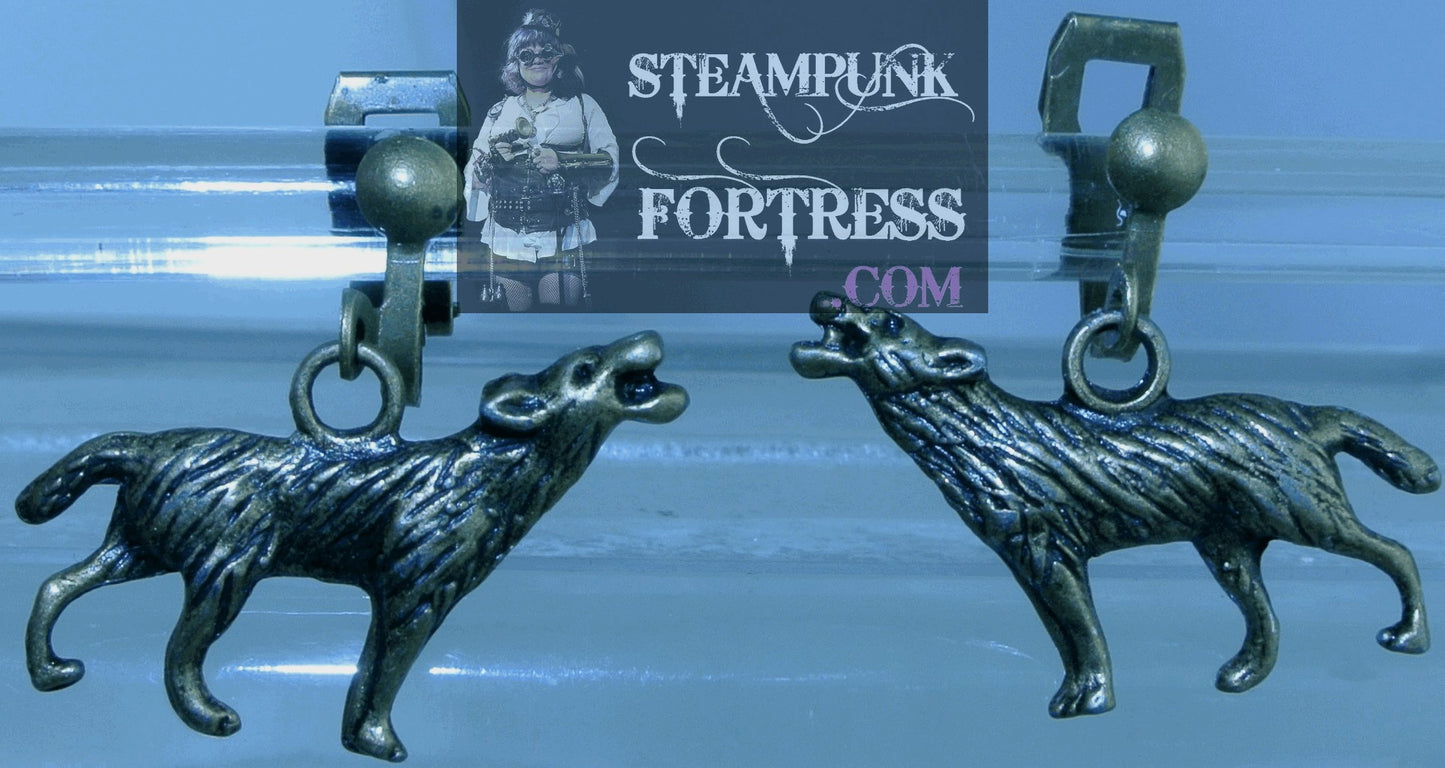 CLIPS BRASS WOLF CLIP ON EARRINGS TWILIGHT GAME OF THRONES HALLOWEEN COSPLAY COSTUME STARR WILDE STEAMPUNK FORTRESS